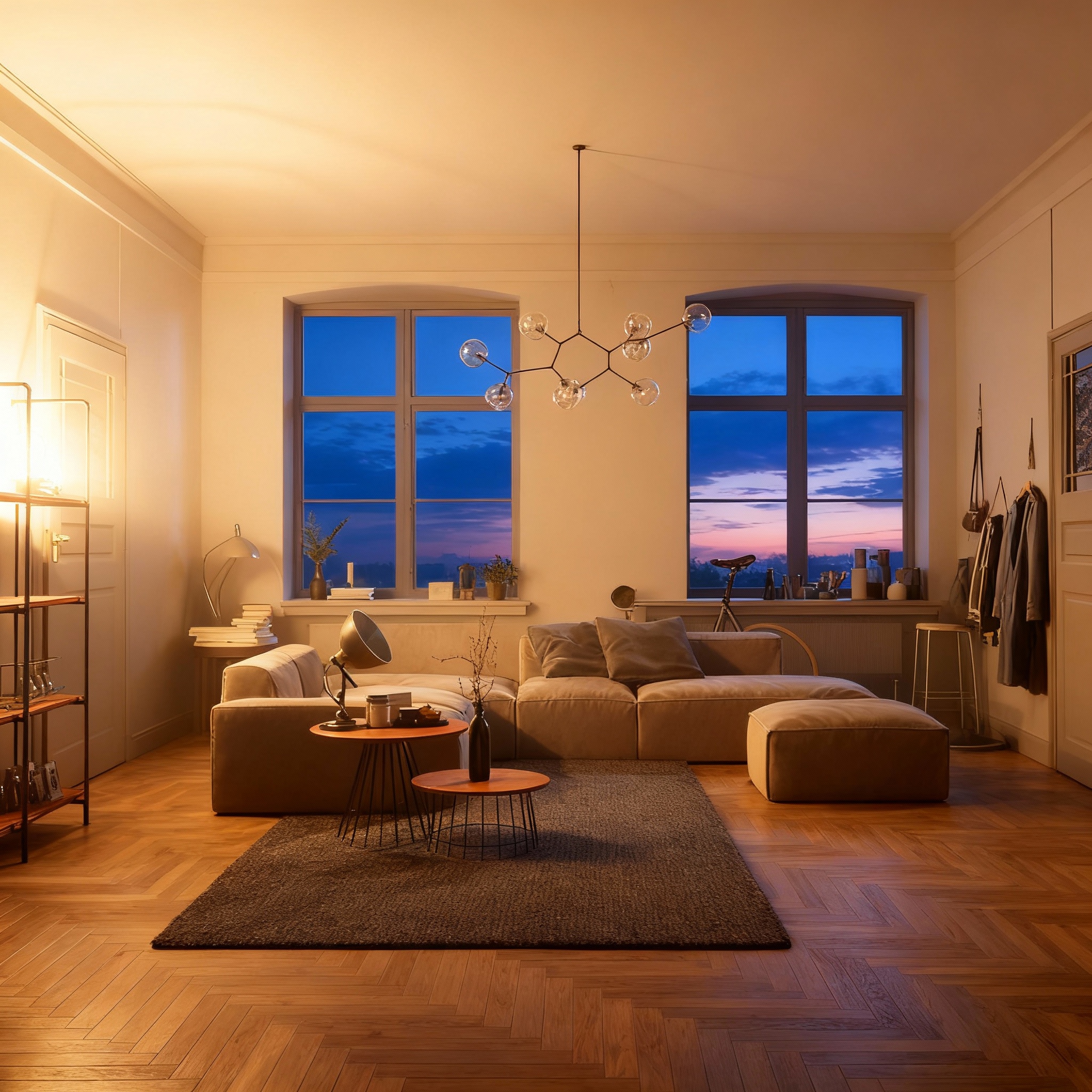 Living room with lights on